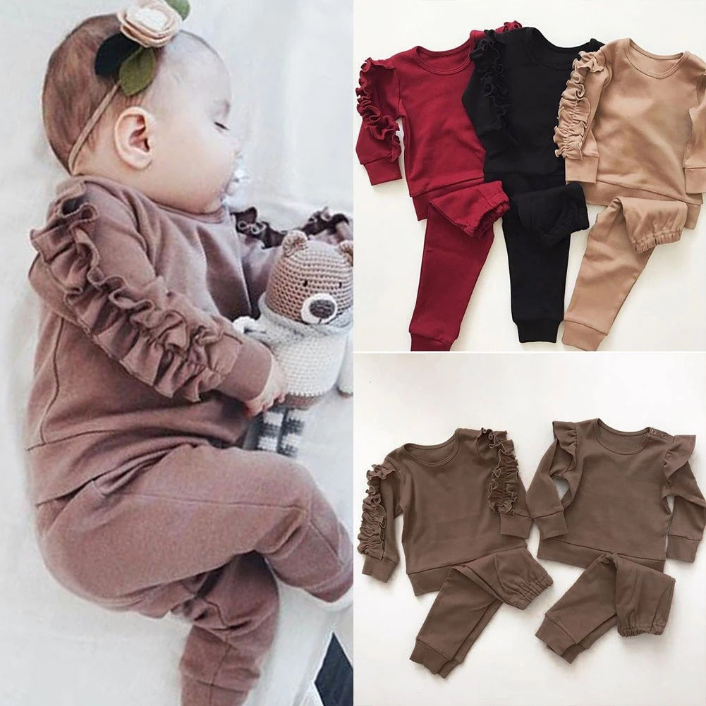 Newborn Baby Boys Girls Ruffles Jumper Solid Long Sleeve Sweatshirt Tops Pants