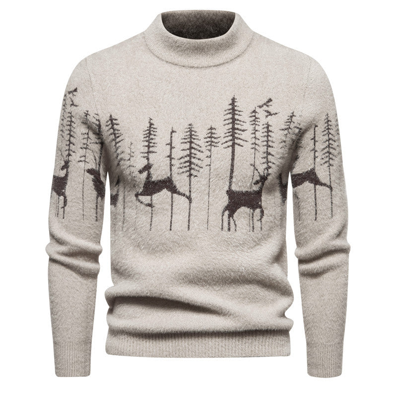 Christmas Sweater Men's Warm Deer Printed Round Neck Sweater