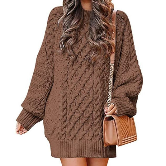 Women's Round Neck Long Sleeve Twisted Knitted Mid-length Dress Sweater